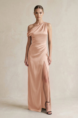 One - Shoulder Satin Sheath Bridesmaid Dress With Slit in Champagne Rose - KissProm Bridesmaid Dresses