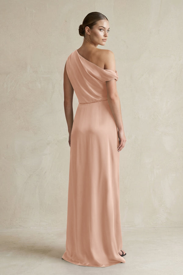 One - Shoulder Satin Sheath Bridesmaid Dress With Slit in Champagne Rose - KissProm Bridesmaid Dresses