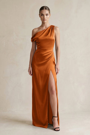One - Shoulder Satin Sheath Bridesmaid Dress With Slit in Cinnamon - KissProm Bridesmaid Dresses