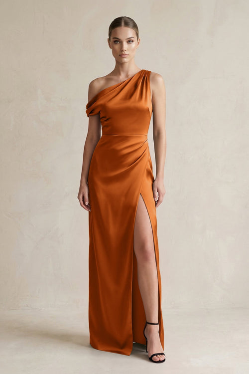 One - Shoulder Satin Sheath Bridesmaid Dress With Slit in Cinnamon - KissProm Bridesmaid Dresses