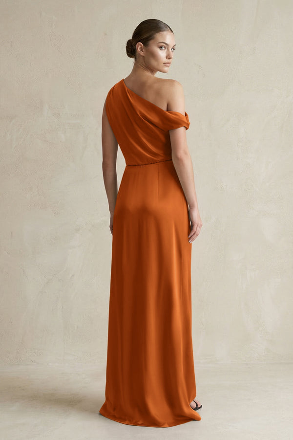 One - Shoulder Satin Sheath Bridesmaid Dress With Slit in Cinnamon - KissProm Bridesmaid Dresses