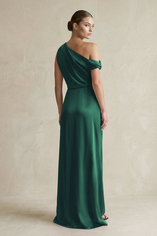 One - Shoulder Satin Sheath Bridesmaid Dress With Slit in Dark Green - KissProm Bridesmaid Dresses