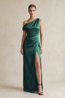 One - Shoulder Satin Sheath Bridesmaid Dress With Slit in Dark Green - KissProm Bridesmaid Dresses