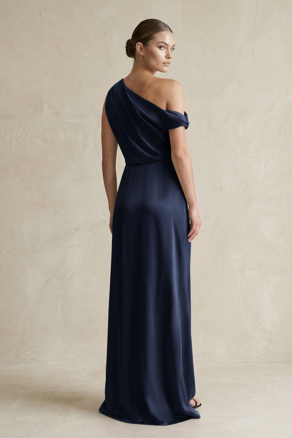 One - Shoulder Satin Sheath Bridesmaid Dress With Slit in Dark Navy - KissProm Bridesmaid Dresses