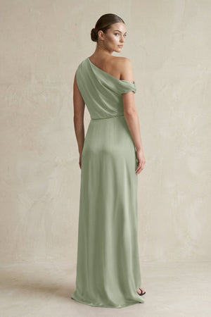 One - Shoulder Satin Sheath Bridesmaid Dress With Slit in Dove Gray - KissProm Bridesmaid Dresses