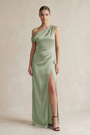 One - Shoulder Satin Sheath Bridesmaid Dress With Slit in Dove Gray - KissProm Bridesmaid Dresses