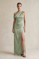One - Shoulder Satin Sheath Bridesmaid Dress With Slit in Dove Gray - KissProm Bridesmaid Dresses