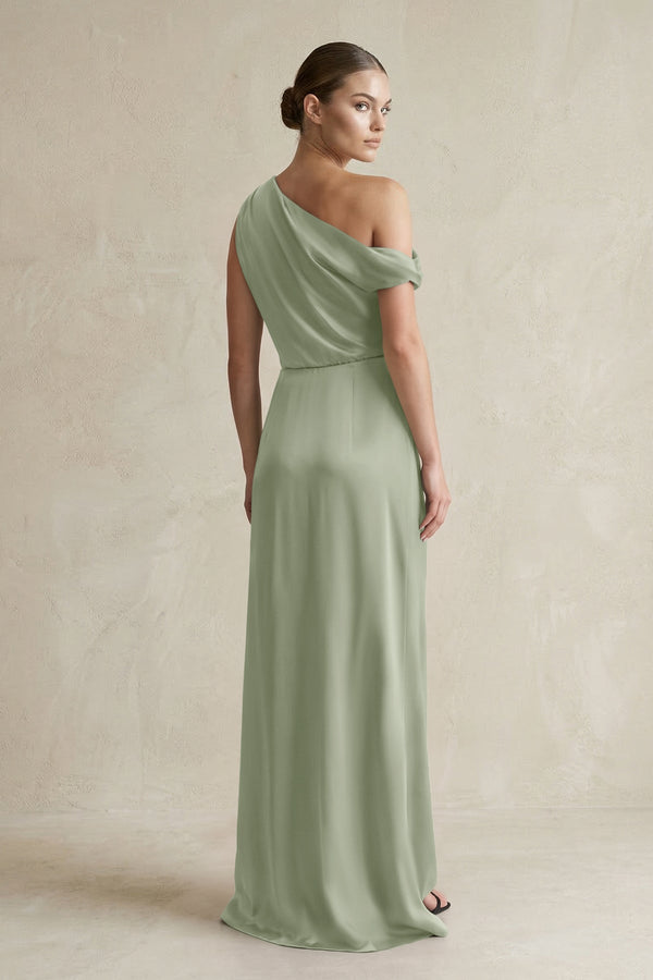 One - Shoulder Satin Sheath Bridesmaid Dress With Slit in Dove Gray - KissProm Bridesmaid Dresses