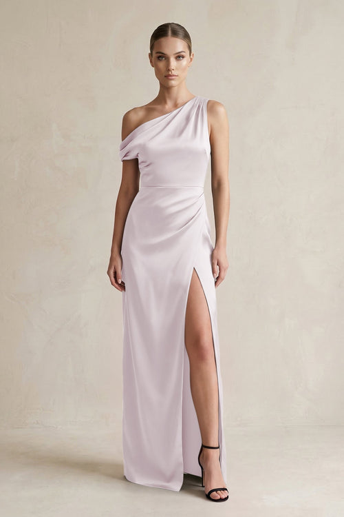 One - Shoulder Satin Sheath Bridesmaid Dress With Slit in Dusk - KissProm Bridesmaid Dresses