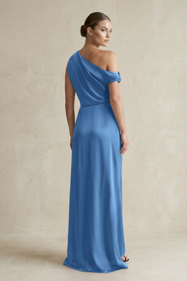 One - Shoulder Satin Sheath Bridesmaid Dress With Slit in Dusty Blue - KissProm Bridesmaid Dresses