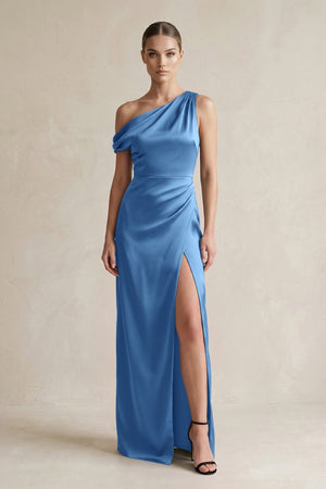 One - Shoulder Satin Sheath Bridesmaid Dress With Slit in Dusty Blue - KissProm Bridesmaid Dresses