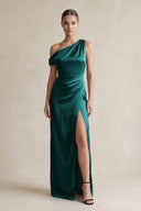 One - Shoulder Satin Sheath Bridesmaid Dress With Slit in Emerald - KissProm Bridesmaid Dresses