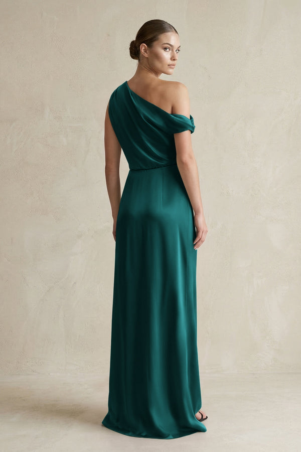 One - Shoulder Satin Sheath Bridesmaid Dress With Slit in Emerald - KissProm Bridesmaid Dresses