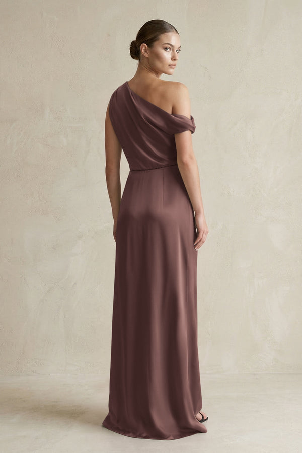 One - Shoulder Satin Sheath Bridesmaid Dress With Slit in Espresso - KissProm Bridesmaid Dresses