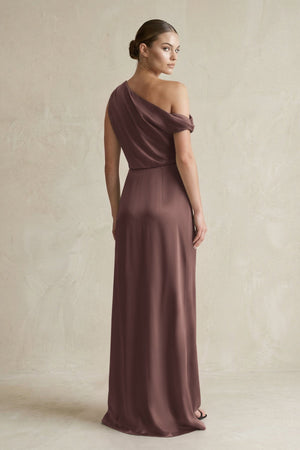 One - Shoulder Satin Sheath Bridesmaid Dress With Slit in Espresso - KissProm Bridesmaid Dresses