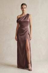 One - Shoulder Satin Sheath Bridesmaid Dress With Slit in Espresso - KissProm Bridesmaid Dresses