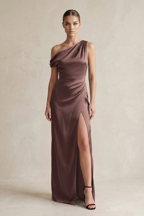 One - Shoulder Satin Sheath Bridesmaid Dress With Slit in Espresso - KissProm Bridesmaid Dresses