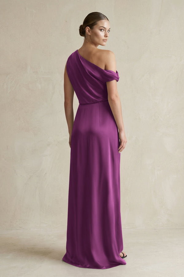 One - Shoulder Satin Sheath Bridesmaid Dress With Slit in Fig - KissProm Bridesmaid Dresses