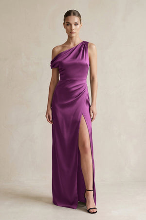 One - Shoulder Satin Sheath Bridesmaid Dress With Slit in Fig - KissProm Bridesmaid Dresses