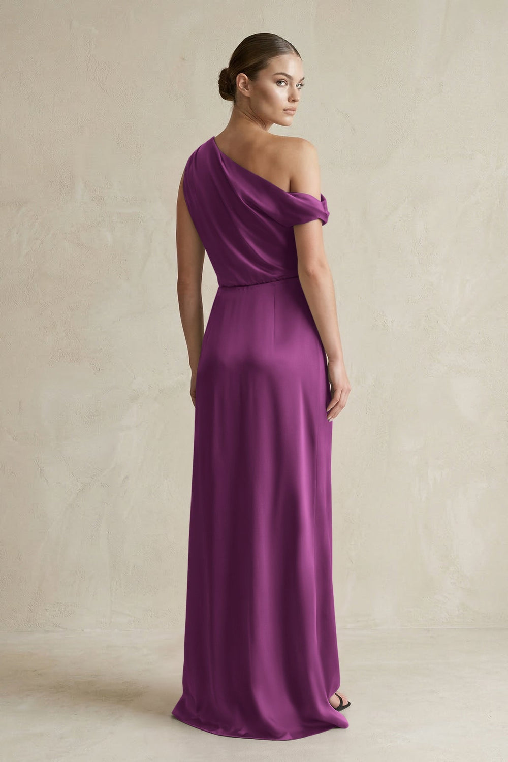 One - Shoulder Satin Sheath Bridesmaid Dress With Slit in Fig - KissProm Bridesmaid Dresses