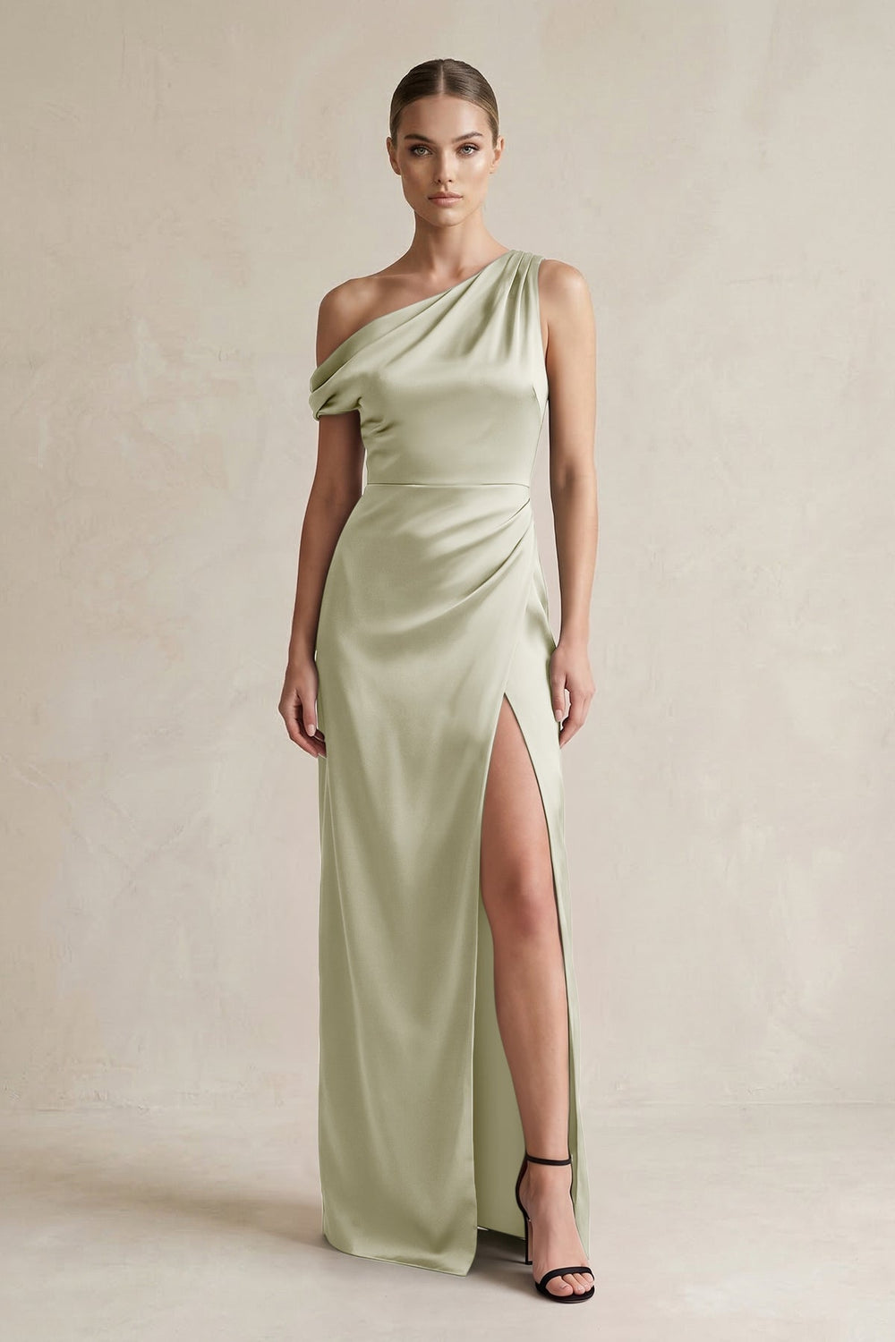 One - Shoulder Satin Sheath Bridesmaid Dress With Slit in Frost - KissProm Bridesmaid Dresses