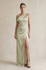One - Shoulder Satin Sheath Bridesmaid Dress With Slit in Frost - KissProm Bridesmaid Dresses