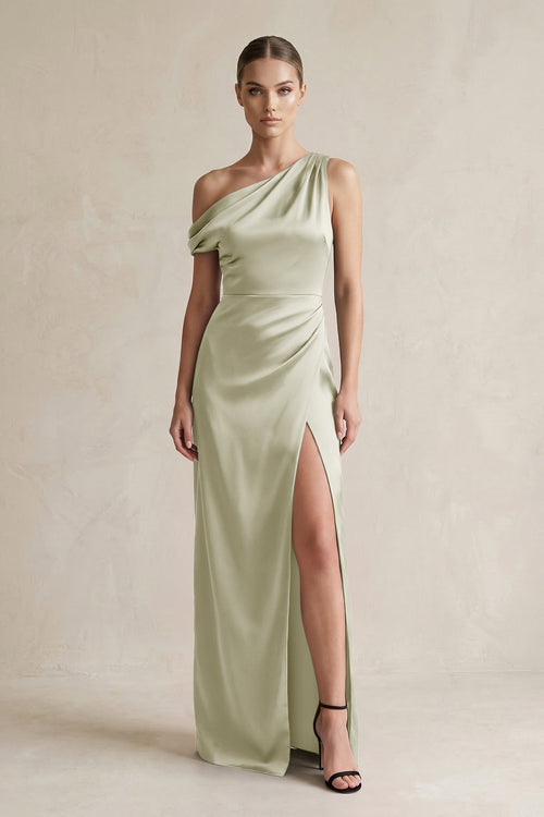 One - Shoulder Satin Sheath Bridesmaid Dress With Slit in Frost - KissProm Bridesmaid Dresses