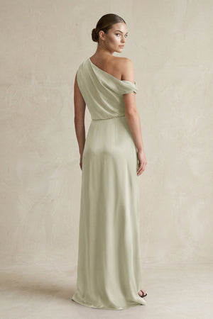 One - Shoulder Satin Sheath Bridesmaid Dress With Slit in Frost - KissProm Bridesmaid Dresses