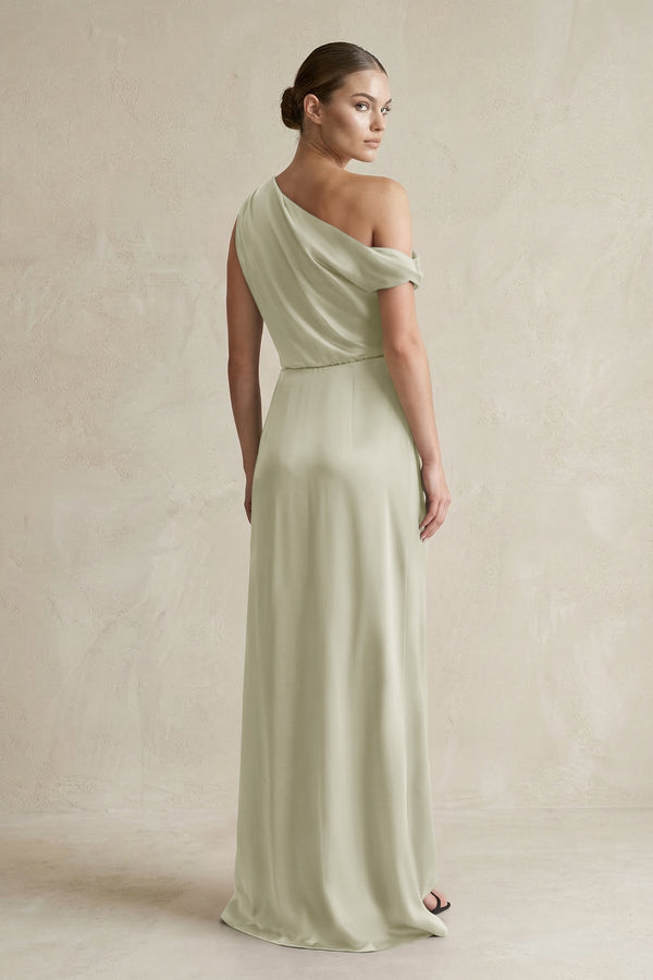 One - Shoulder Satin Sheath Bridesmaid Dress With Slit in Frost - KissProm Bridesmaid Dresses