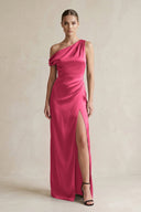 One - Shoulder Satin Sheath Bridesmaid Dress With Slit in Fuchsia - KissProm Bridesmaid Dresses