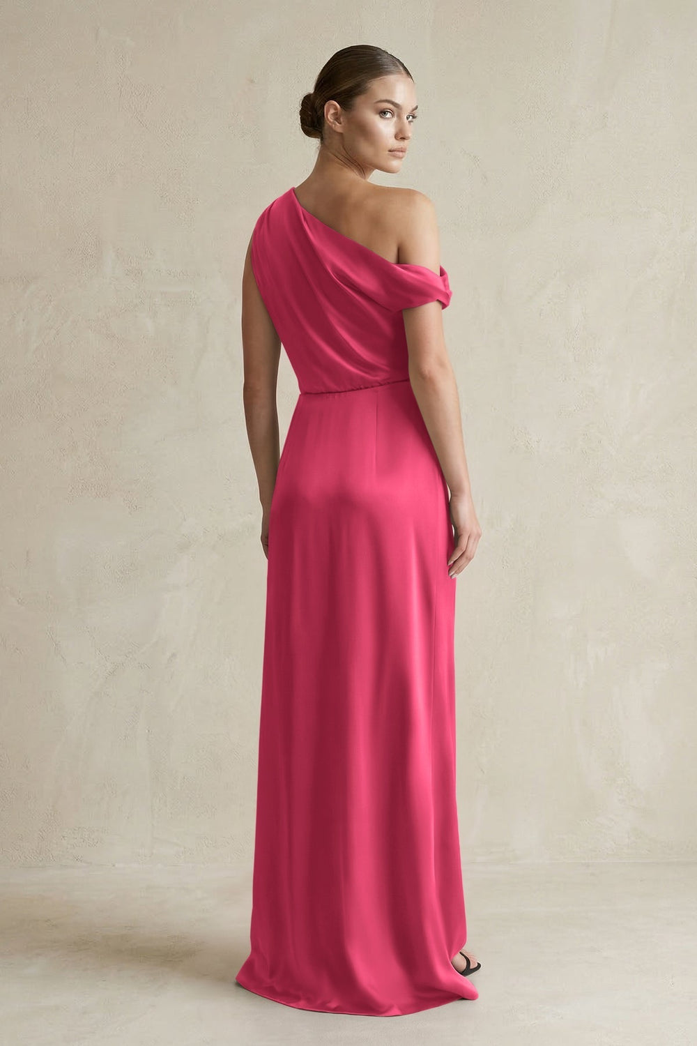 One - Shoulder Satin Sheath Bridesmaid Dress With Slit in Fuchsia - KissProm Bridesmaid Dresses
