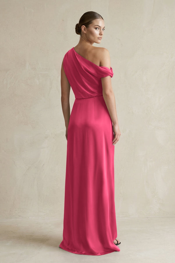 One - Shoulder Satin Sheath Bridesmaid Dress With Slit in Fuchsia - KissProm Bridesmaid Dresses