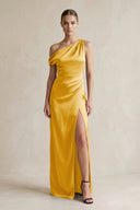 One - Shoulder Satin Sheath Bridesmaid Dress With Slit in Gold - KissProm Bridesmaid Dresses