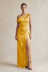 One - Shoulder Satin Sheath Bridesmaid Dress With Slit in Gold - KissProm Bridesmaid Dresses