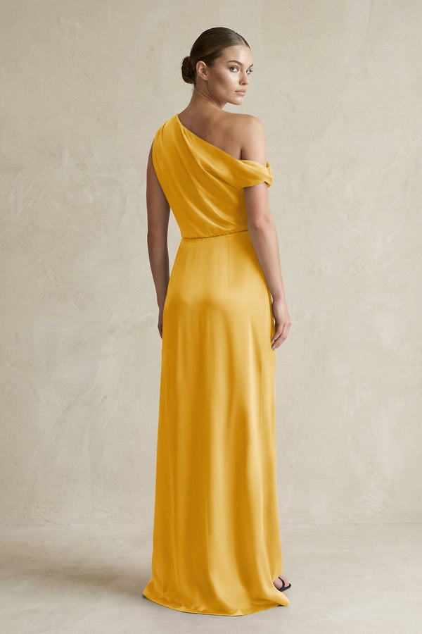 One - Shoulder Satin Sheath Bridesmaid Dress With Slit in Gold - KissProm Bridesmaid Dresses