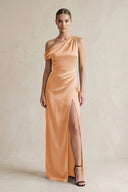 One - Shoulder Satin Sheath Bridesmaid Dress With Slit in Golden Champagne - KissProm Bridesmaid Dresses