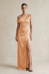 One - Shoulder Satin Sheath Bridesmaid Dress With Slit in Golden Champagne - KissProm Bridesmaid Dresses