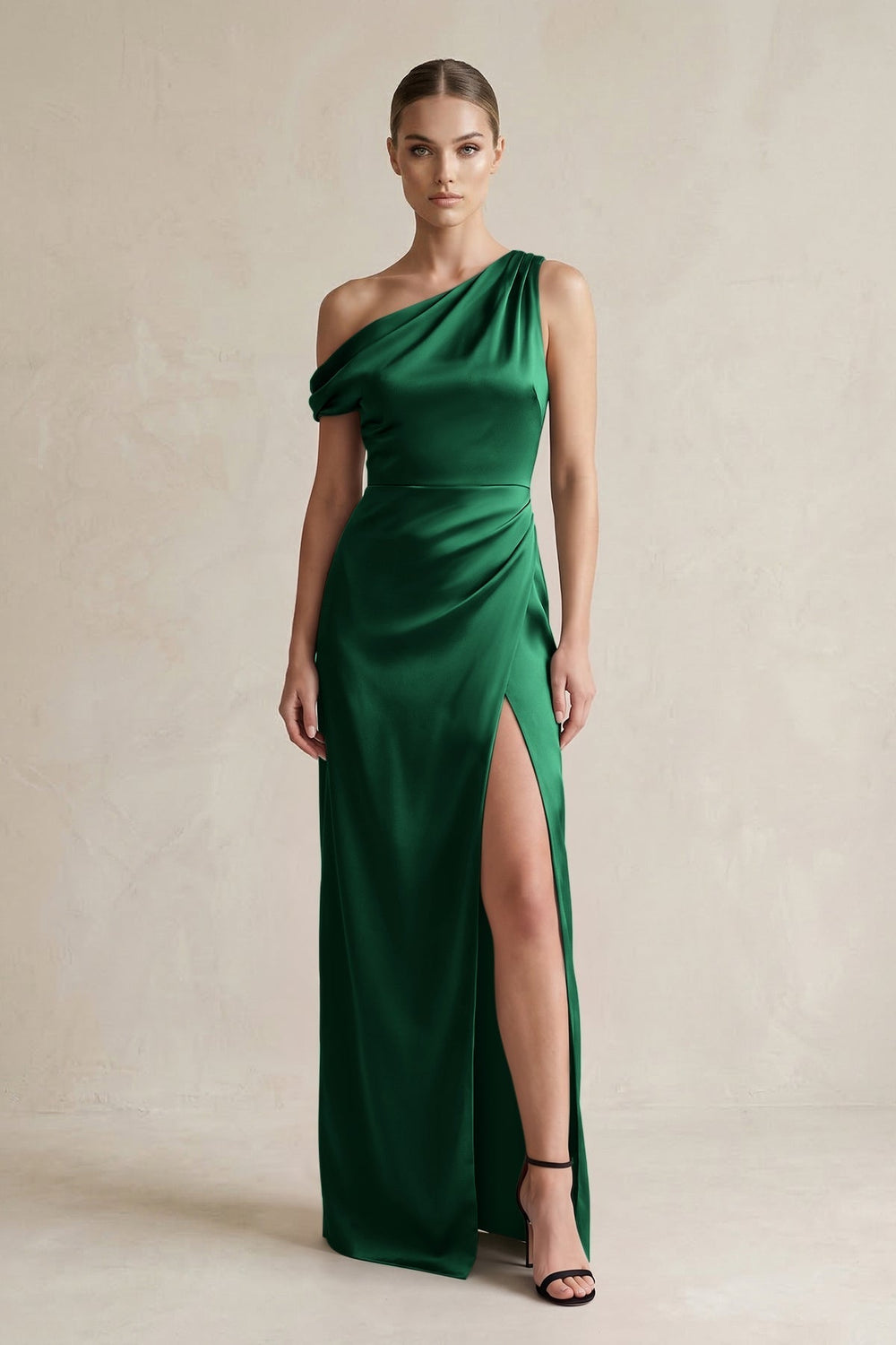 One - Shoulder Satin Sheath Bridesmaid Dress With Slit in Green - KissProm Bridesmaid Dresses