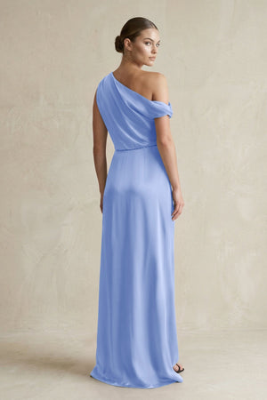 One - Shoulder Satin Sheath Bridesmaid Dress With Slit in Ice - KissProm Bridesmaid Dresses