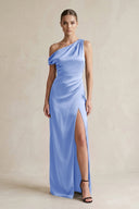 One - Shoulder Satin Sheath Bridesmaid Dress With Slit in Ice - KissProm Bridesmaid Dresses