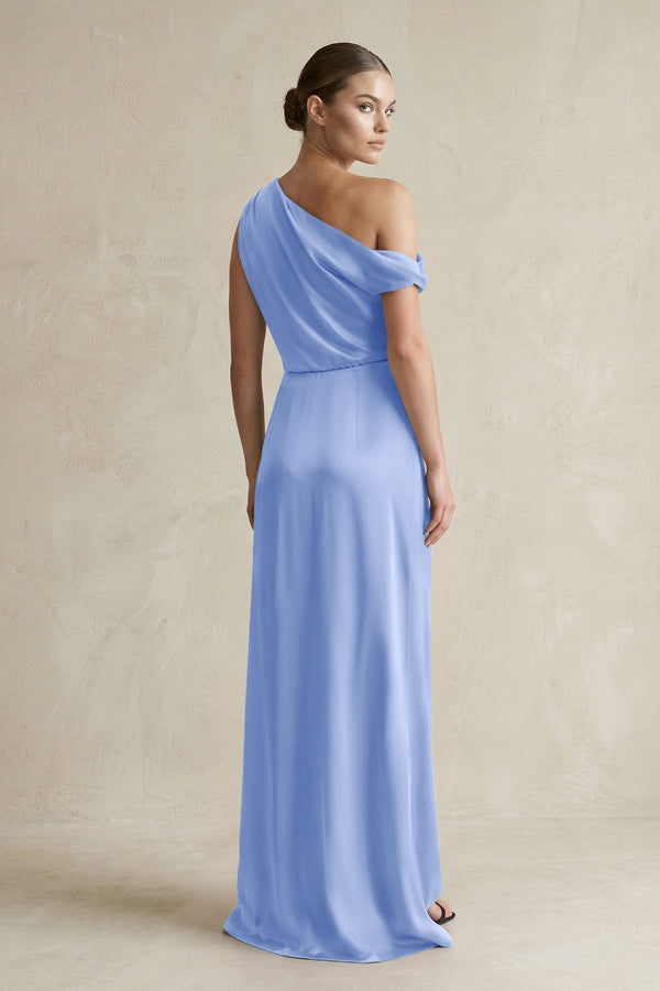 One - Shoulder Satin Sheath Bridesmaid Dress With Slit in Ice - KissProm Bridesmaid Dresses