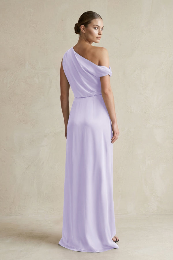 One - Shoulder Satin Sheath Bridesmaid Dress With Slit in Lavender - KissProm Bridesmaid Dresses