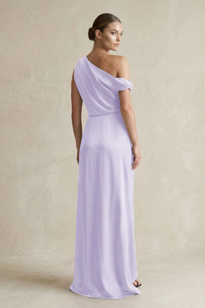 One - Shoulder Satin Sheath Bridesmaid Dress With Slit in Lavender - KissProm Bridesmaid Dresses