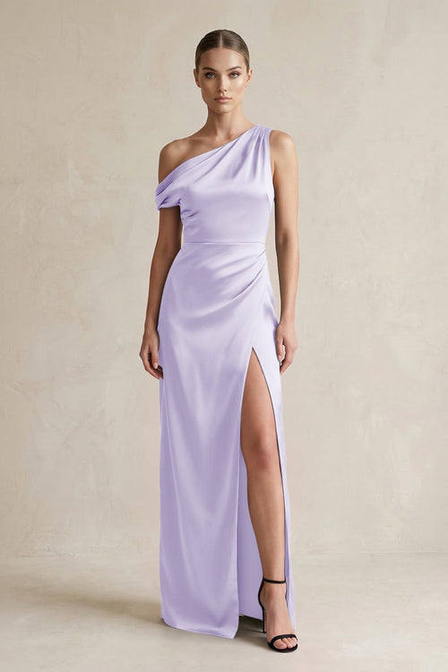 One - Shoulder Satin Sheath Bridesmaid Dress With Slit in Lavender - KissProm Bridesmaid Dresses
