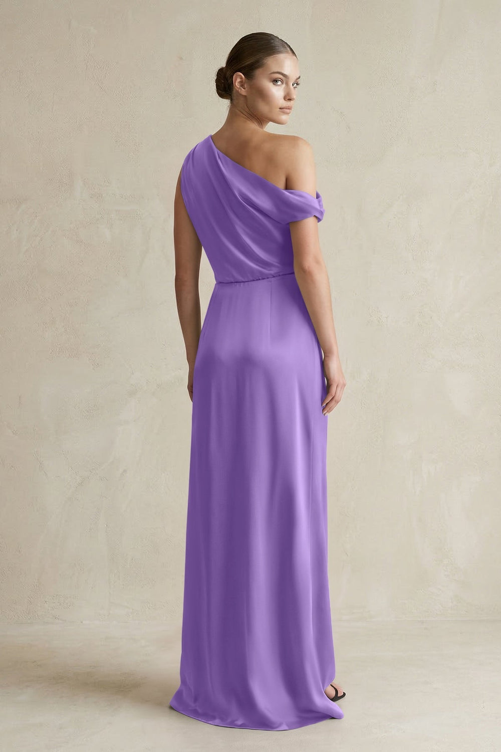 One - Shoulder Satin Sheath Bridesmaid Dress With Slit in Lilac - KissProm Bridesmaid Dresses