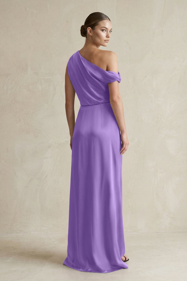 One - Shoulder Satin Sheath Bridesmaid Dress With Slit in Lilac - KissProm Bridesmaid Dresses
