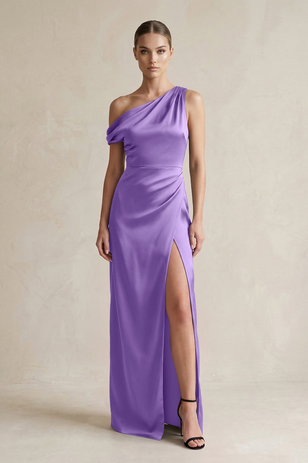 One - Shoulder Satin Sheath Bridesmaid Dress With Slit in Lilac - KissProm Bridesmaid Dresses