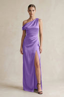 One - Shoulder Satin Sheath Bridesmaid Dress With Slit in Lilac - KissProm Bridesmaid Dresses