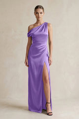 One - Shoulder Satin Sheath Bridesmaid Dress With Slit in Lilac - KissProm Bridesmaid Dresses