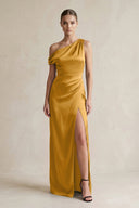 One - Shoulder Satin Sheath Bridesmaid Dress With Slit in Marigold - KissProm Bridesmaid Dresses
